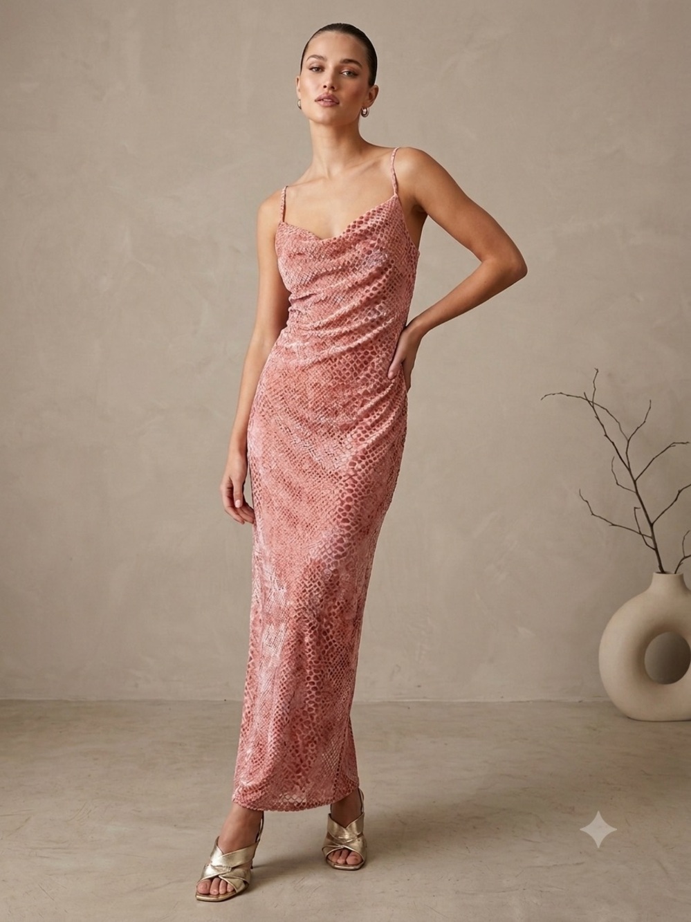 Pretty Little Thing Cowl Neck Rose Devore Blush Pink Velvet Slip Dress Sheer NWT